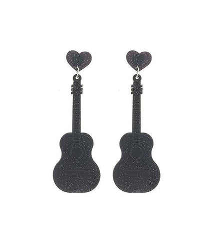 Black glitter guitar music earrings