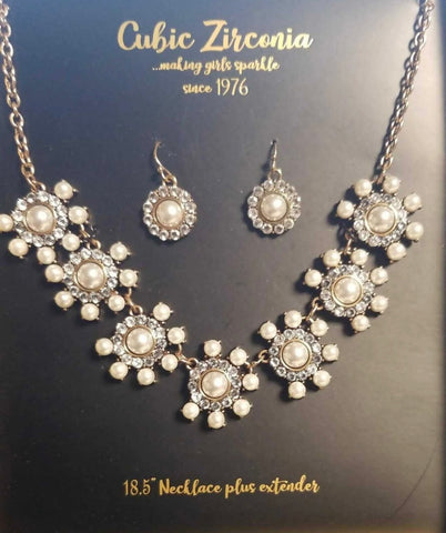 Cubic Zirconia and faux pearl necklace and earrings