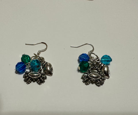 Blue and green beaded silver crab and seashell earrings