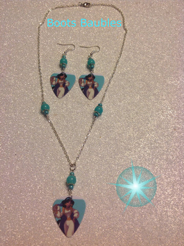 Jasmine guitar pick earrings and necklace