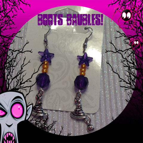 Orange and purple witches hat pumpkin earrings