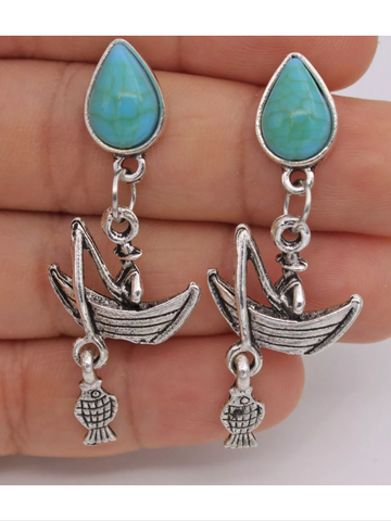 Fisherman fish boat blue water drop earrings