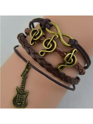 Music and guitar leather bracelet in brown