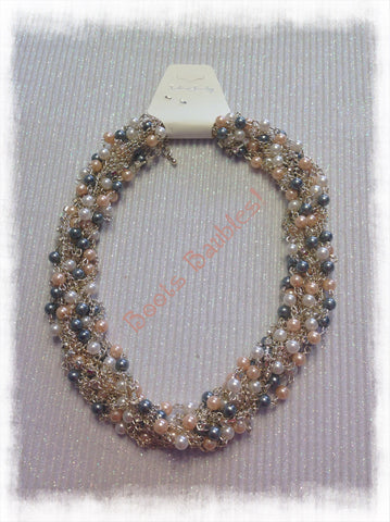 Peach, grey, cream colored pearl and rhinestone necklace