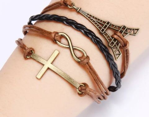 Leather cross and Eiffel tower charm bracelet