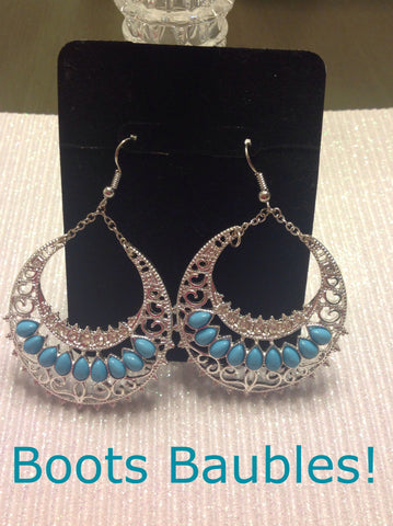 Large silver tone blue hoop earrings