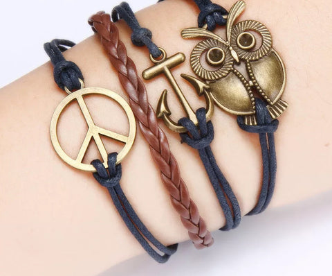 Bronze owl Leather style bracelets