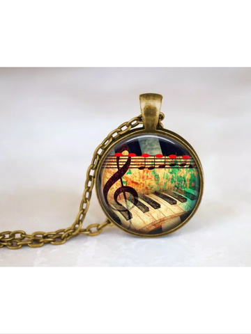 Music and piano glass cabochon necklace