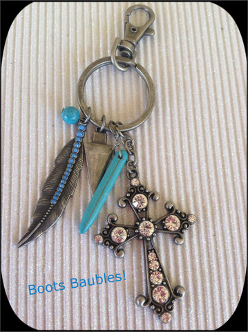 Turquoise cross and feather purse and keychain ring