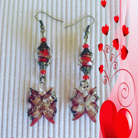 Glass Maroon and gold butterfly earrings