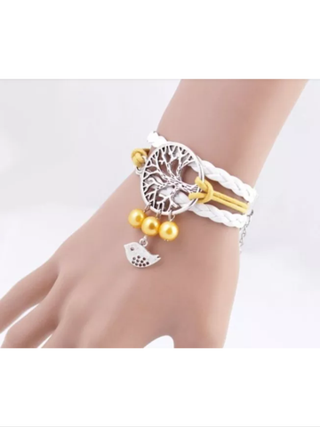 Yellow  and white leather style bracelet with tree of life and bird charm