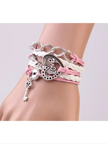 Pink and white leather key to my heart ❤️, love charm bracelet