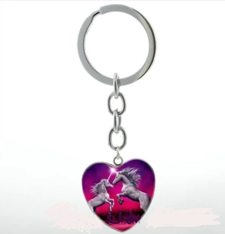Unicorn glass heart cabochon keychain