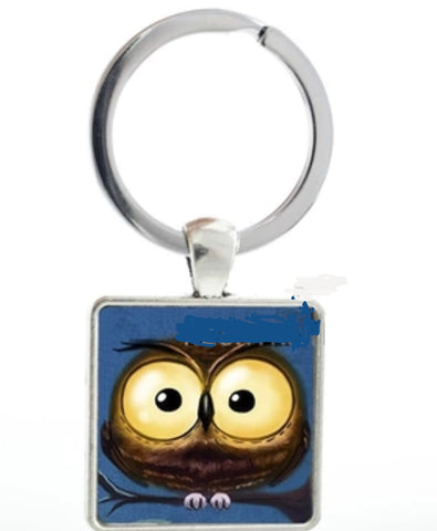 Blue  night Owl  glass cabochon Keychain