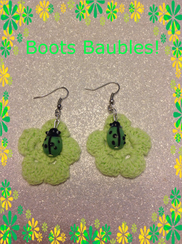 Green ladybug crocheted earrings