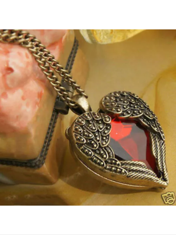 Steampunk angel wing red heart necklace