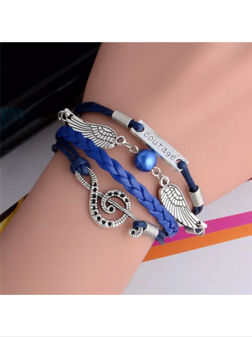 Leather style bracelet music, angel wings, courage