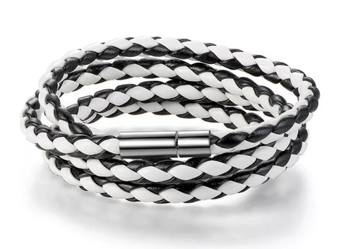 Black and white multi-strand leather bracelet