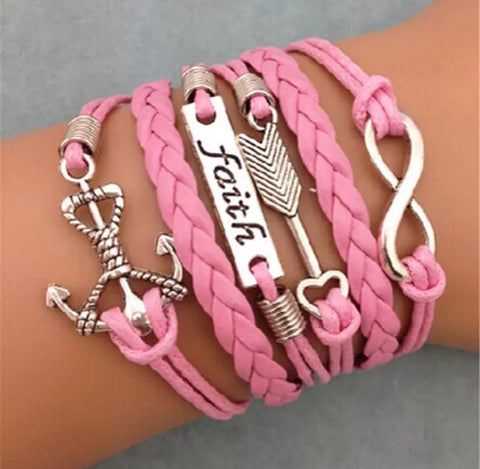 Pink leather charm bracelet