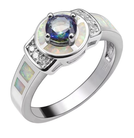 Blue rainbow topaz fire opal ring size 10
