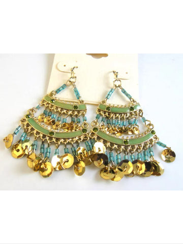 Goldtone beaded green and blue dangle earrings