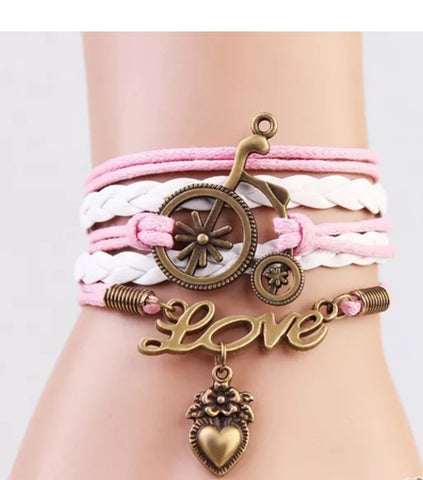 Bicycle, love and heart leather bracelet