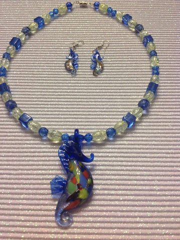 Handmade blue and green glass beaded seahorse neacklace