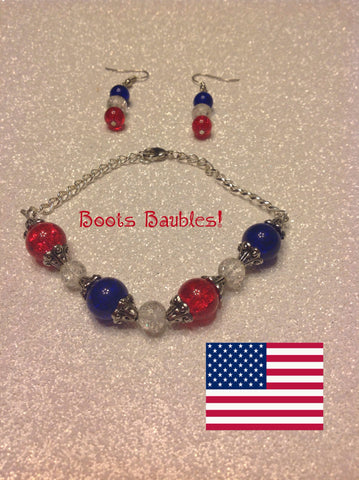 Red white and blue  glass beaded bracelet and earrings