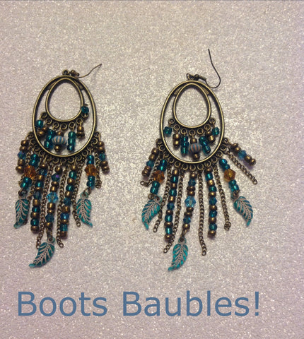 Feather chandelier earrings teal and bronze