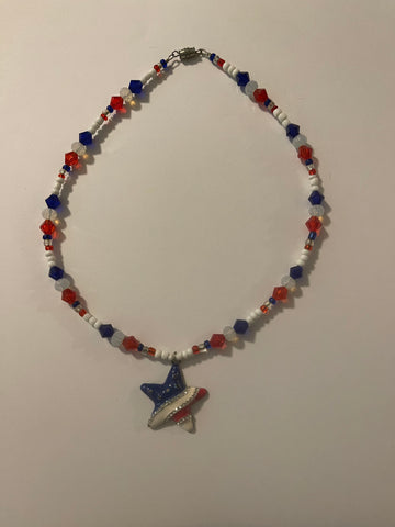 Red white and blue star crystal beaded necklace