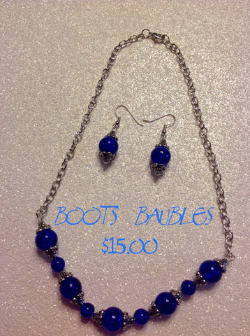 Royal blue and Silvertone glass beaded necklace and earrings