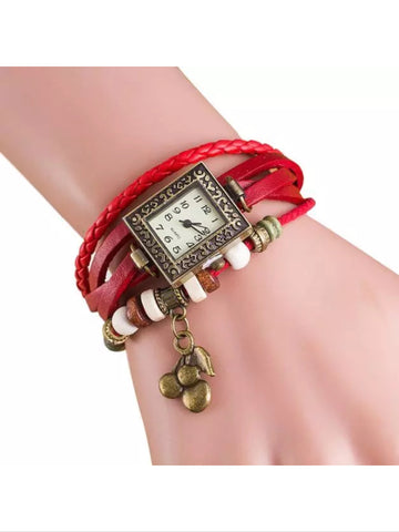 Red cherry charm beaded watch
