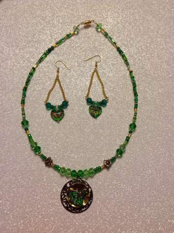 Green and gold necklace and earrings.