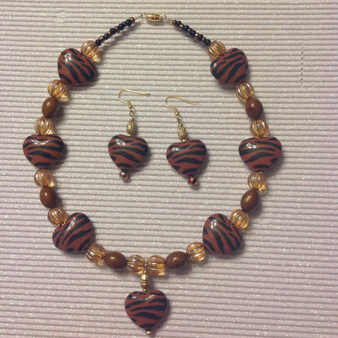 Brown and black heart necklace and earrings