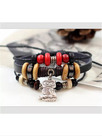 Owl leather beaded bracelet