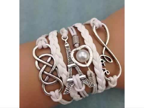 White leather Eiffel Tower  charm bracelet