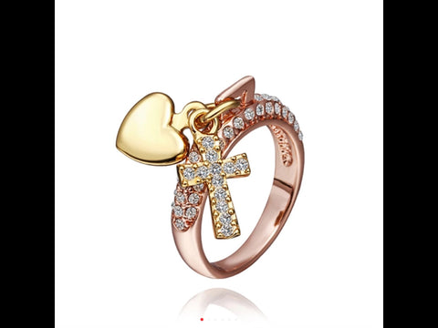 Rose gold plated cross and heart ring size 8