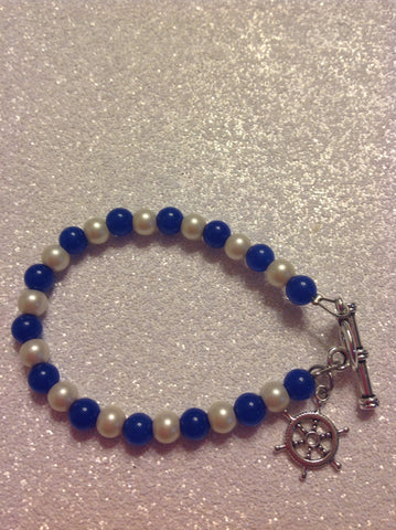Blue and white pearl ships wheel bracelet