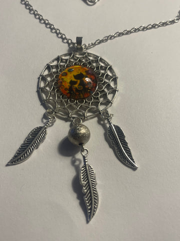 Black cat dream catcher glass cabochon necklace