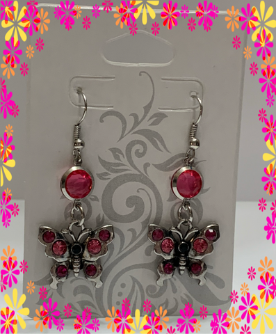 Pink rhinestone butterfly earrings