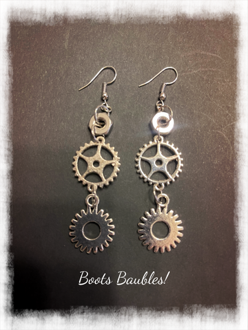 Silver steampunk cog and gear earrings