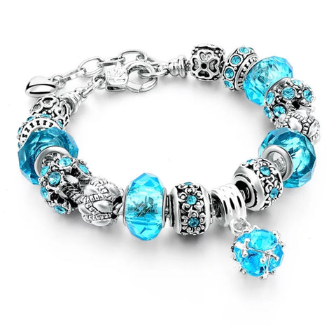 Blue crystal European style charm bracelet