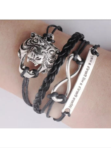 Leather wolf and lion charm bracelet