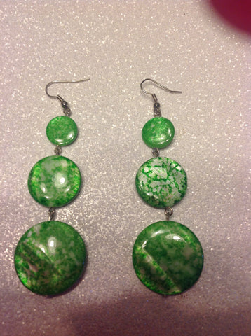 Green and white shiny seashell dangle earrings