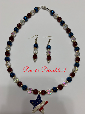 Red, white and blue crystal necklace and earrings