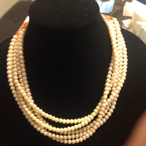 Rose and cream color pearl multi strand necklace