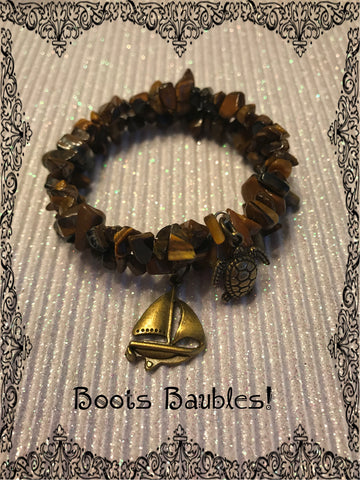 Tigers eye memory wrap turtle and sailboat bracelet