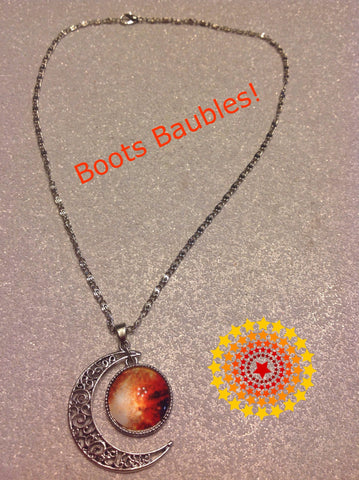 Galaxy universe crescent moon glass cabochon pendant necklace