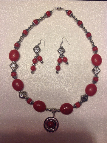 Red and silver necklace with earrings