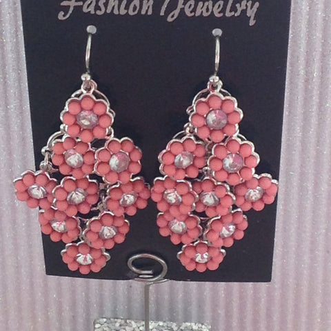Pink rhinestone flower power earrings in Silvertone